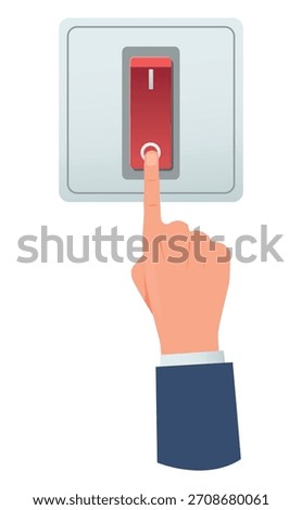Hand presses switch with its finger. Turning electricity on and off. Electric power toggle button. Electrical voltage start turner. Light control. Electrical amperage regulator knob. Vector concept