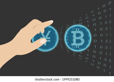 The hand presses the transparent blue buttons in the form of digital coins of bitcoin and yuan against a dark background.Online concept. Blockchain computer technologies. Virtual electronic money.