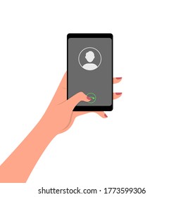 Mano presiona el botón de videollamada del teléfono. Ilustración vectorial, dibujos planos, dibujos a color, eps 10, aislados en fondo blanco.