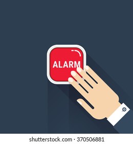 Hand pressing alarm button. Vector image isolated on black background