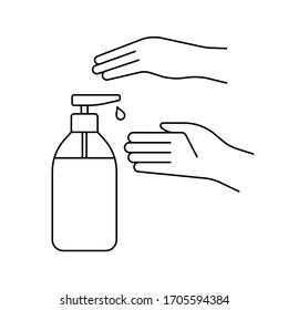 	
Hand pressing alcohol medical sanitizer bottle icon. Desinfection cleaning line design illustration