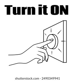 Hand pressing a big button. Turning on or off from a button. Outline design can be used to show starting of something or caution sign do not touch etc. Doorbell icon.