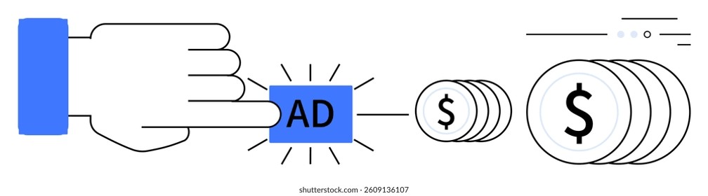 Hand pressing a blue AD button, generating coins with dollar symbols. Ideal for advertising, marketing, online business, revenue generation, digital monetization, pay-per-click, and financial growth