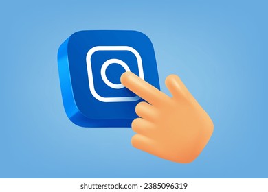 Hand pressing blue button with messenger icon. 3d vector illustration