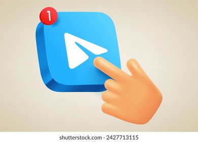 Hand pressing blue button with new message. 3d vector illustration