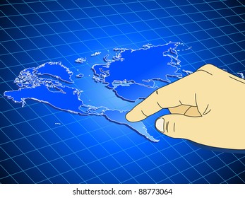 hand pressing blue world map
