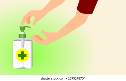 Hand pressing bottle pump applying alcohol hand sanitizer to palm illustration vector