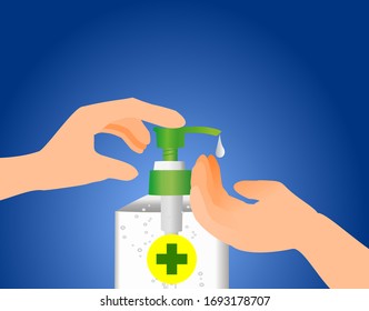 Hand pressing bottle pump applying alcohol hand sanitizer to palm illustration vector