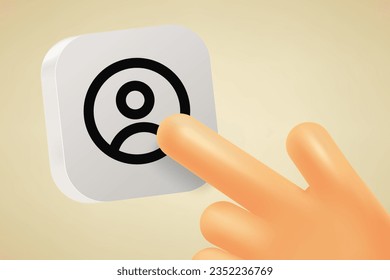 Hand pressing button with account symbol. 3d vector illustration