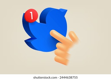 Hand pressing button with blue bird. 3d vector illustration