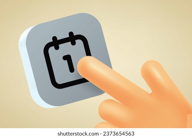 Hand pressing button with calendar sign. 3d vector illustration