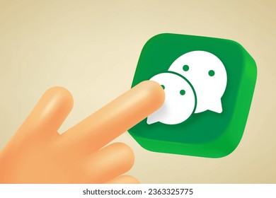 Hand pressing button with messenger sign. 3d vector illustration