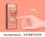 Hand is pressing the button on the ATM. To pay and withdraw money for shopping online and payment on line concept and all object on pastel pink background,vector 3d isolated for financial advertising