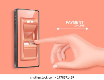 Hand is pressing the button on the ATM. To pay and withdraw money for shopping online and payment on line concept and all object on pastel pink background,vector 3d isolated for financial advertising