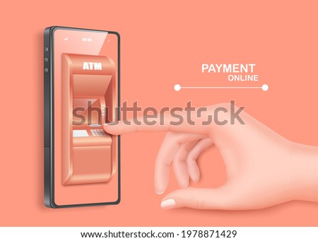 Hand is pressing the button on the ATM. To pay and withdraw money for shopping online and payment on line concept and all object on pastel pink background,vector 3d isolated for financial advertising