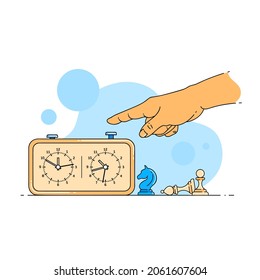Hand pressing button on chess clock. Сhess game сoncept. Vector illustration isolated on white background. Flat style with outline.