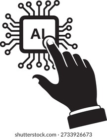 Mano que presiona el Botón en la placa de circuito con la tecnología de la inteligencia artificial del microprocesador de la IA