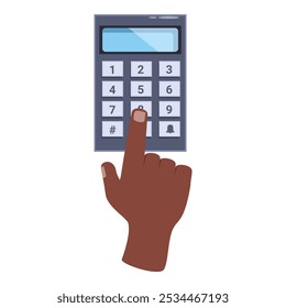 Hand pressing a button on a security keypad with number buttons