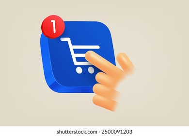 Mano presionando el Botón en el Carrito de compras. Ilustración vectorial 3D