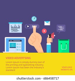 Hand pressing button on video player, business video marketing, flat vector illustration with icons isolated on dark background