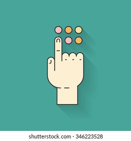 Hand pressing a button. Pointing finger sign. Vector illustration of mans hand.