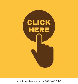Hand pressing a button with the text CLICK HERE icon. Press, push, tap symbol. Flat design. Stock - Vector illustration