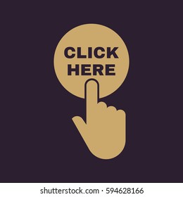 Hand pressing a button with the text CLICK HERE icon. Press, push, tap symbol. Flat design. Stock - Vector illustration