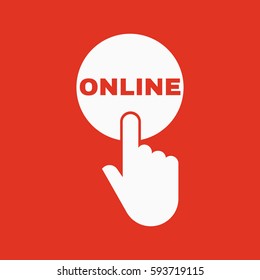 Hand pressing a button with the text ONLINE icon. Communication, internet, webinar symbol. Flat design. Stock - Vector illustration