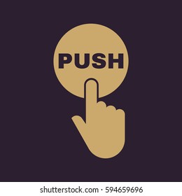 Hand pressing a button with the text PUSH icon. Tap, click, touch symbol. Flat design. Stock - Vector illustration