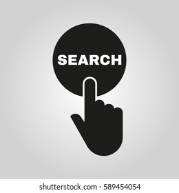 Hand pressing a button with the text SEARCH icon. Seek, look symbol. Flat design. Stock - Vector illustration