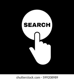 Hand pressing a button with the text SEARCH icon. Seek, look symbol. Flat design. Stock - Vector illustration