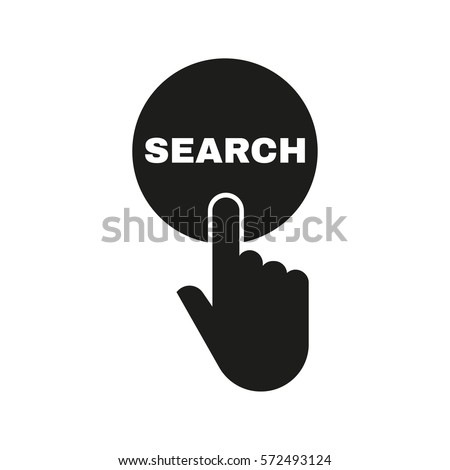 Hand pressing a button with the text SEARCH icon. Seek, look symbol. Flat design. Stock - Vector illustration