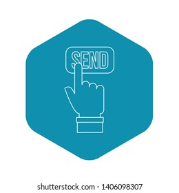 Hand pressing a button with the text Send icon. Outline illustration of hand pressing a button with the text Send vector icon for web
