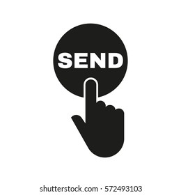 Hand Pressing A Button With The Text SEND Icon. Send, Submit, Ship, Dispatch Symbol. Flat Design. Stock - Vector Illustration