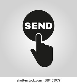 Hand pressing a button with the text SEND icon. Send, submit, ship, dispatch symbol. Flat design. Stock - Vector illustration