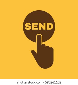 Hand pressing a button with the text SEND icon. Send, submit, ship, dispatch symbol. Flat design. Stock - Vector illustration