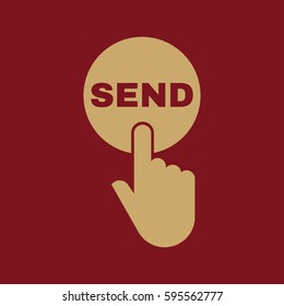 Hand pressing a button with the text SEND icon. Send, submit, ship, dispatch symbol. Flat design. Stock - Vector illustration