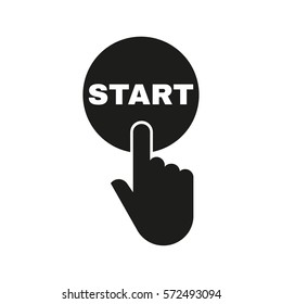 Hand Pressing A Button With The Text START Icon. Startup, Launch, Run Symbol. Flat Design. Stock - Vector Illustration