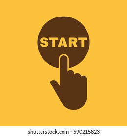 Hand pressing a button with the text START icon. Startup, launch, run symbol. Flat design. Stock - Vector illustration