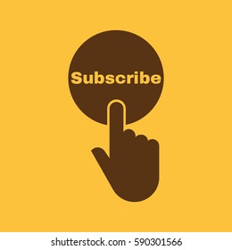 Hand pressing a button with the text SUBSCRIBE icon. Sign symbol. Flat design. Stock - Vector illustration