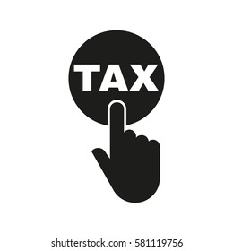 Hand pressing a button with the text TAX icon. Charge, contribution symbol. Flat design. Stock - Vector illustration