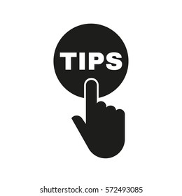 Hand pressing a button with the text "TIPS" icon. Support, assistance symbol. Flat design. Stock - Vector illustration