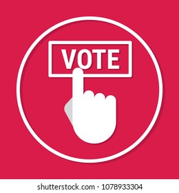 Hand pressing a button with the text VOTE icon. Voting, polling.