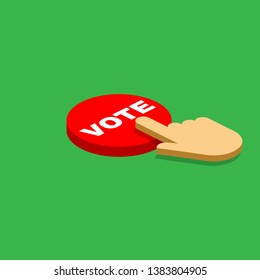 Hand pressing a button with the text VOTE icon. Voting, polling, ballot symbol. Vector isometric illustration