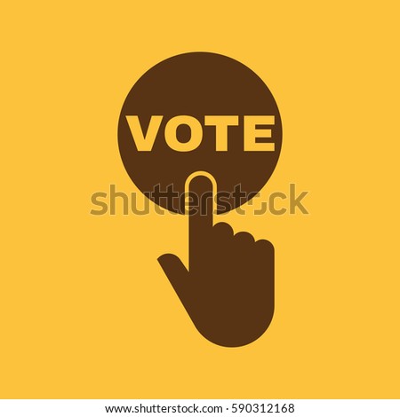 Hand pressing a button with the text VOTE icon. Voting, polling, ballot symbol. Flat design. Stock - Vector illustration