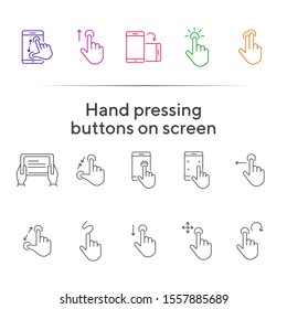 Hand pressing buttons on screen icons. Set of line icons. Hand holding mobile, hands with tablet. Touchscreen concept. Vector illustration can be used for topics like modern technologies, internet