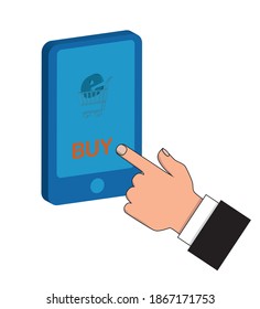 Mano presionando un botón de compra en el teléfono móvil. Concepto de comercio electrónico. Ilustración vectorial.