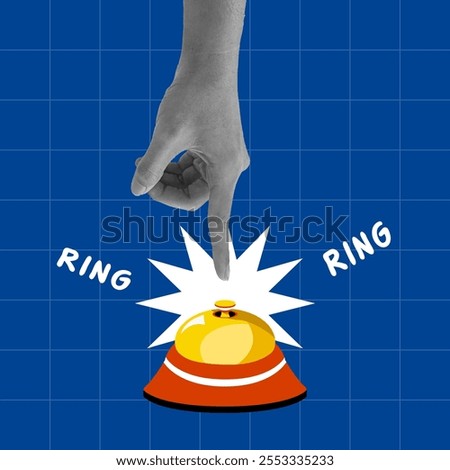 Hand pressing call service bell isolated on blue grid background. Pop art collage vector illustration, flat design elements