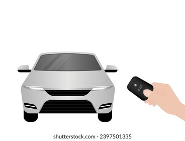 Hand Pressing Car Key Remote Control to Lock or Unlock Car. Car Alarm System. Vector Illustration. 