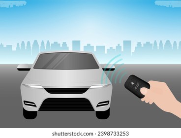 Hand Pressing Car Key Remote Control to Lock or Unlock Car. Car Alarm System. Vector Illustration. 